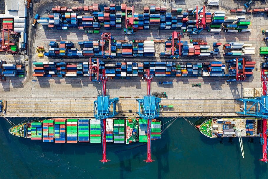 Aerial view of a container shipping port